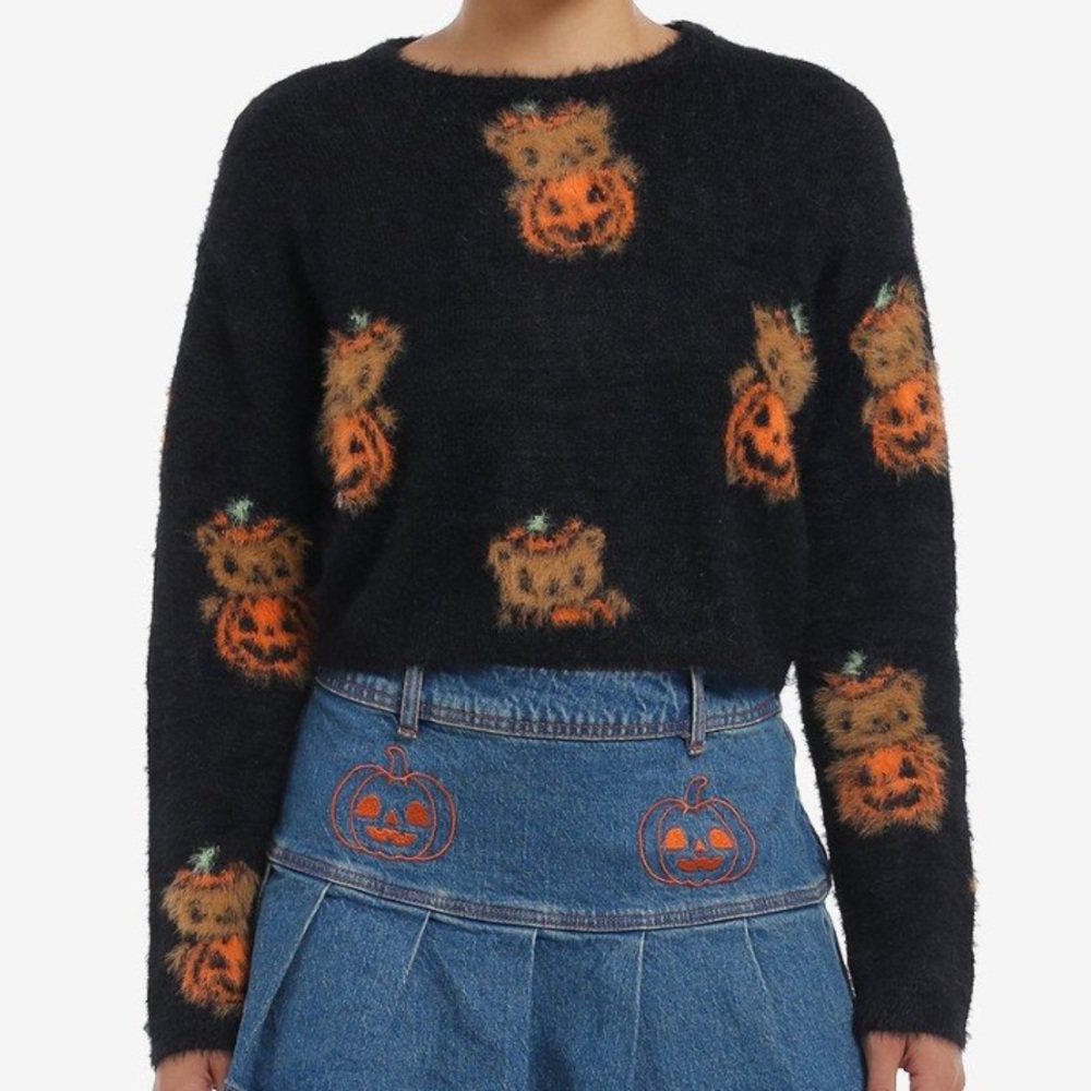 Sweet Society Teddy‎ Pumpkin Fuzzy Crop Sweater Hot Topic Halloween